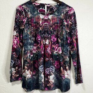 Soft Surroundings Teal Burgundy Floral Boho Long Sleeve Top M